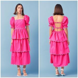 English Factory Scallop Tiered Pink Dress Size Medium Puff Sleeve Open Back Midi